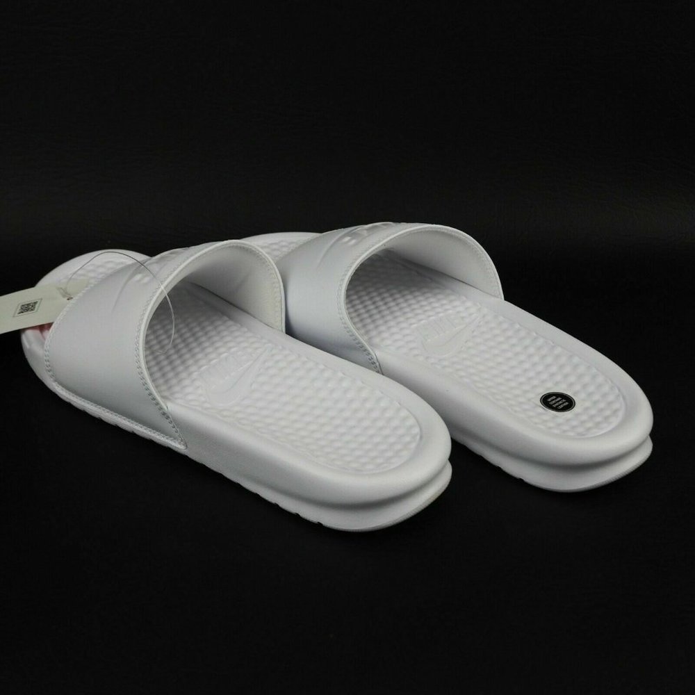 Nike Benassi JDI Women Sandals Slide All White Leather Outdoors - Picture 9 of 12